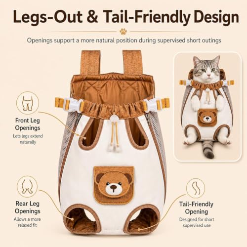 Cute Bear Design Front Pet Carrier Backpack, Cute Bear Cat Front Carrier Backpack with Breathable Mesh, Cat Dog Front Body Carrier, Safety Leash, and Adjustable Straps for Hands-Free Trips