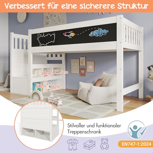 Merax Kinderbett Halbhochbett 90x200 cm, mit Whiteboard&Tafel für Kinder, Hochbett mit Treppe Staufach Stauraum-austauschbar, Lattenrost und Rausfallschutz, Ohne Matratze, Weiß/253x97x112cm