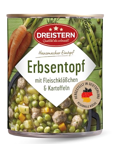 DREISTERN Erbsentopf 800g I Mit Fleischbällchen & Kartoffeln I Herzhafter Eintopf in recyclebarer Konservendose I Lange Haltbarkeit dank natürlicher Konservierung I Hausmacher Qualität