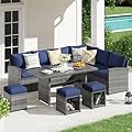 JOIVI 7 Piece Outdoor Patio Furniture Set, Patio Conversation Set with Aluminum Top Dining Table, Rattan Dining Sectional Sofa Set with Ottomans for Deck, Backyard, Navy Blue
