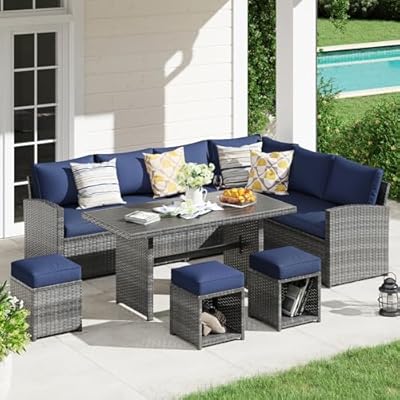 JOIVI 7 Piece Outdoor Patio Furniture Set, Patio Conversation Set with Aluminum Top Dining Table, Rattan Dining Sectional Sofa Set with Ottomans for Deck, Backyard, Navy Blue