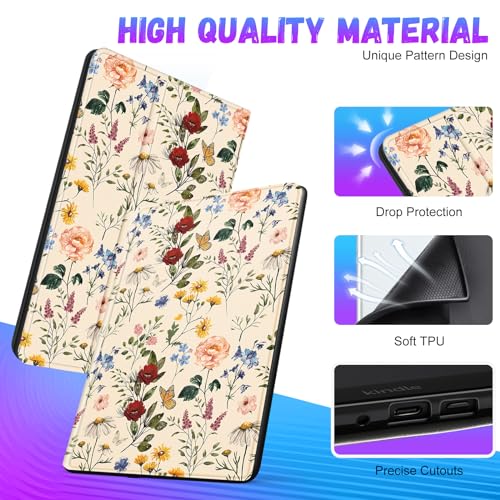 Pegmode for Kindle Paperwhite 11th Generation Case 6.8 Inch 2021 / Paperwhite Signature Edition Cute Women Girls Teens Unique Flower Floral Folio Fabric Paper White Cover with Auto Sleep/Wake E-Reader - Image 3