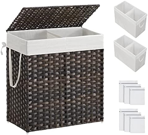 SONGMICS Handwoven Laundry Basket, 90L Synthetic Rattan Wicker Clothes Hamper with Lid and Handles (Brown)