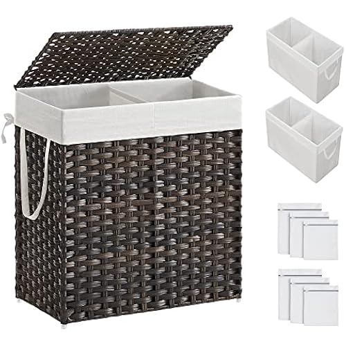 SONGMICS Laundry Hamper with Lid, 110L Double Wicker Basket, 6 Mesh Bags