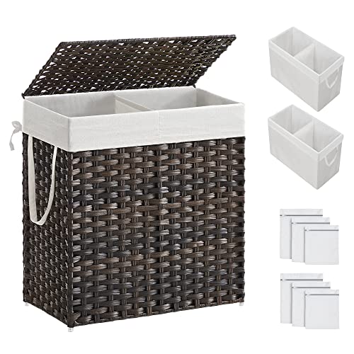 SONGMICS Laundry Hamper with Lid, 110L Clothes Hamper with 2 Removable Liner Bags, 6 Mesh Bags, Wicker Laundry Basket, Double Laundry Hamper for Bathroom, 13 x 22.4 x 23.6 Inches, Brown ULCB052K02 by SONGMICS - Used condition - US$40.36