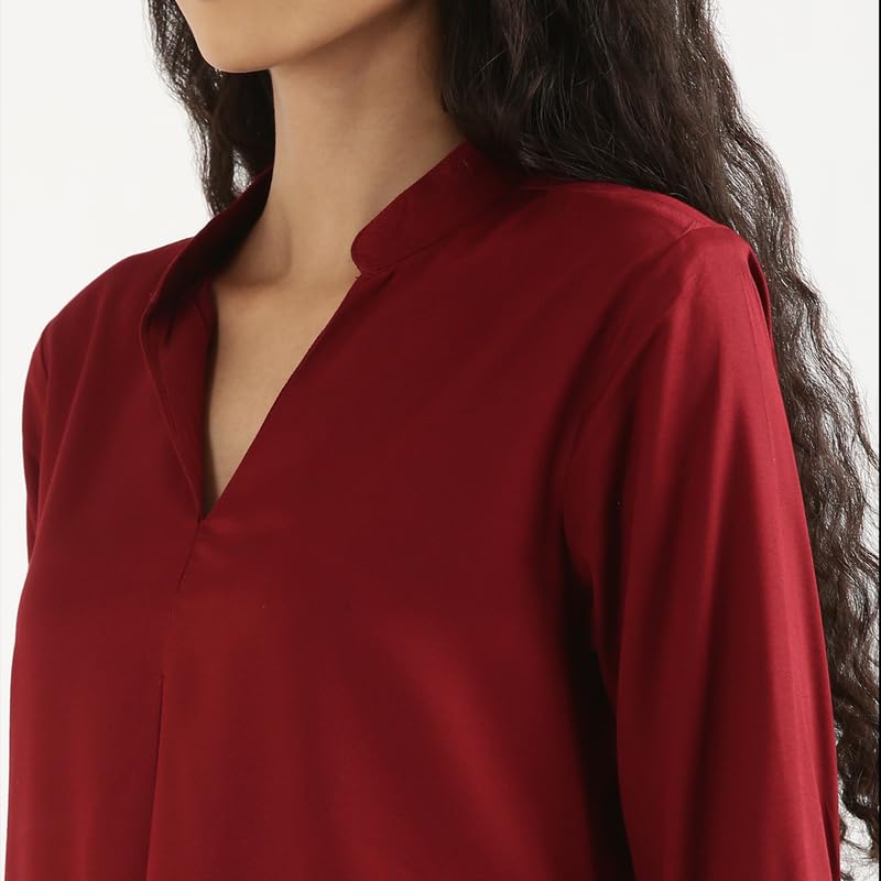 Image of SAADAA Top for Women, Viscose Pleated Tops, V-Neck with a Collar, 3 /4 Sleeve Length, Office & Casual Wear