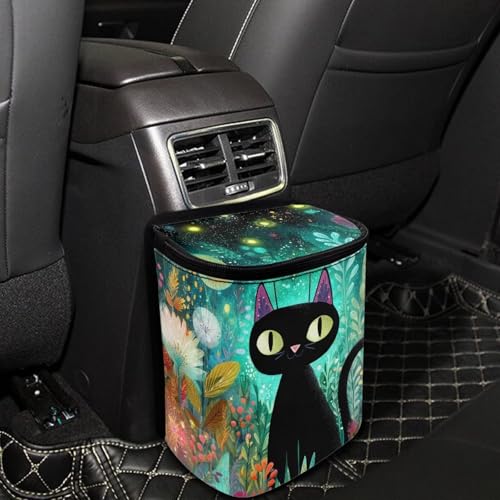 Image of Talayituse Teal Cat Flower Print Car Trash Bin, Large Size Auto Trash Can Adjustable Portable Garbage Can with Lid, Vehicle Hanging Bag for Headrest Front Back Seat