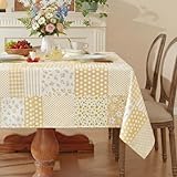 Moukeren Spring Floral Yellow Gingham Tablecloth Quilted Table Cloth Rectangle 60x84 Inch Rustic Farmhouse Patchwork Tablecloths for Spring Summer Easter Kitchen Dining Table Picnic