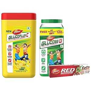 Dabur GlucoPlus-C Instant Energy Glucose Juicy & Tasty Lemon Flavour – 400g Jar + Dabur Glucose D Instant Energy Glucose Juicy & Tasty – 1 kg with Dabur Red Paste 200g free