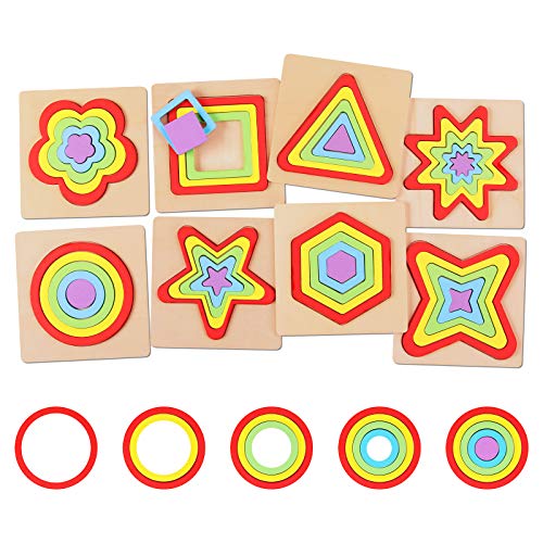 GEMEM 8 pcs Wooden Toys Shape Puzzle Toddler Montessori Shape Sorting Puzzle Toddlers Activities Preschool Learning Early Educational Gift for Kids Boys Girls Age 3+