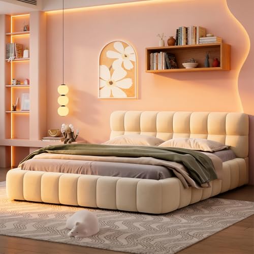 BRILVERDE Polsterbett 140x200 cm Bubble Bett, Doppelbett mit Weiches Kopfteil, Jugendbett, Bettgestell mit Lattenrost, Leinen, ohne Matratze (Beige, 140 x 200 cm) – Bild 6