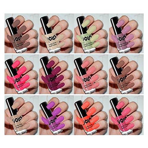 Volo Color Rich Toxic Free Perfection Shine Nail Polish Set of 12 Combo-No-278 Coral, Mischievous Mint, Bright Plum, Dark Nude, Nude, ETC (Pack of 12)