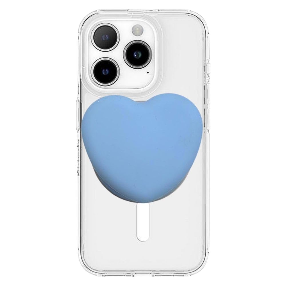 THRICEX® Magnetic Phone Grip Holder for MagSafe with Transparent Base and Swappable PopTop Silicone Cover Included Adapter Metal Ring (Heart Blue)