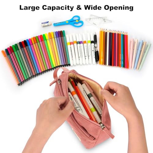 Image of FINPAC Pencil Case, Corduroy Triangle Makeup Bag, Kawaii Pen Bag Pouch Holder Box Organize for Study, Office, or Travel, Pink