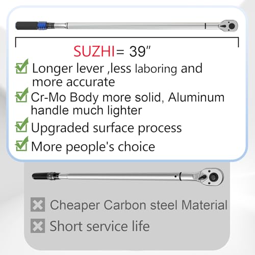Image of SuZhi 3 /4 Inch torque wrench 100-600 ft lb /135.6-813.6 N.M /Aluminum Alloy handle & Cr-Mo Material Head, Heavy Duty, Professional,Dual Direction, Store in Solid Case