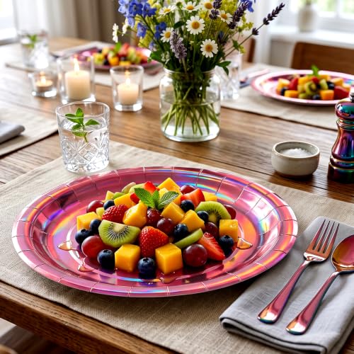Image of Iridescent Hot Pink Paper Plates, 9 Inch Dinner Party Plates, 50 Count Bulk | Colored and Sturdy Durable Party Plates, For Mermaid Disco Kpop Birthday, Bridal Showers, Bbq, Pool Parties, Food-Safe