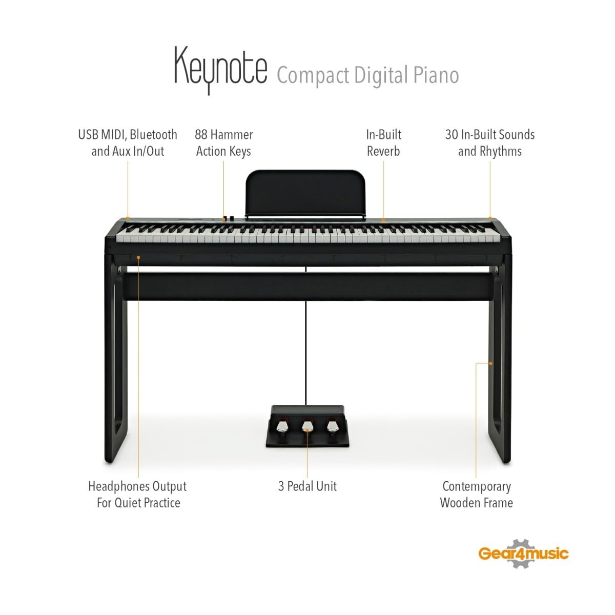 Keynote Piano Digitale Verticale Compatto con Bluetooth, Pack Sgabello | Include Sgabello Imbottito Comodo, 30 Preset DREAM, 88 Tasti Pesati, Unità 3 Pedali, Nero