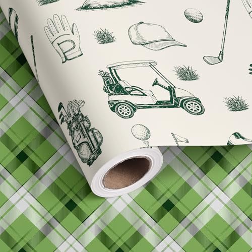 Altarho Reversible Golf Wrapping Paper Roll for Men - Golf Sports Equipment and Green Plaid Pattern Gift Wrap for Birthdays Fathers Day Baby Showers Sports Parties Total 28.5 sq. ft.
