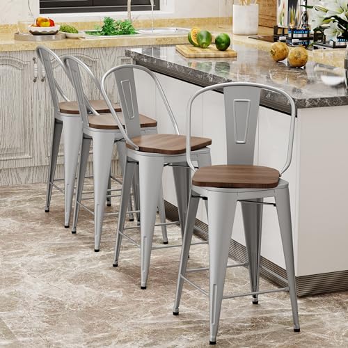 Image of Aklaus Swivel Metal Bar Stools with Backs Counter Stools Set of 4 Counter Height Stools High Back Bar Chairs 26 Inches Barstools Farmhouse Silver