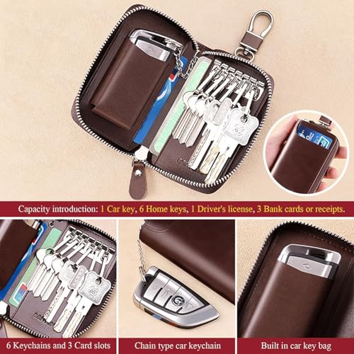 Image of Leather keychain Holder Pouch, Leathers key cover, Leather Key Case Wallet with 6 Hooks & 1 Keychain /Ring, Soft Strong and Compact Organiser For Men or Women (Size 12 x 7 cm)