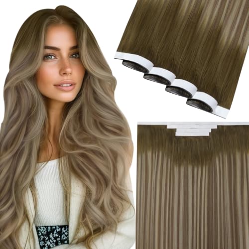 Image of Easyouth 120g 22inch Tape in Weft Hair Extensions Human Hair Balayage Human Hair Tape in Extension Dark Brown Fading to Brown Mixed Blonde Invisible Tapes in Weft Extensions Add Volume to Hair 4pcs