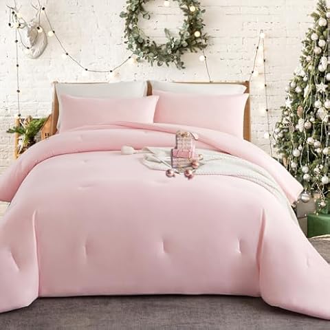 MorroMorn Pink Comforter Set Queen, 4 PCS Pink Bed Set with Cloud-Like Comforters, Ultra Soft Boho Bedding Sets Solid Color Lightweight Wrinkle-Free Noiseless (Pink, Queen) Cover