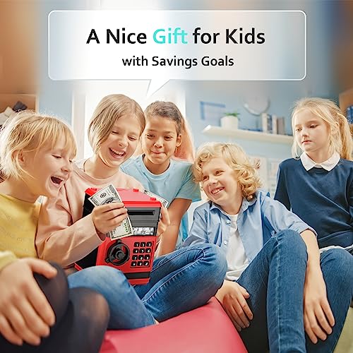 ATM Piggy Bank for Boys Girls, Vcertcpl Mini ATM Coin Bank Money Saving Box with Password, Kids Safe Money Jar for Adults with Auto Grab Bill Slot, Great Gift Toy Bank for Kids (RedBlack 02)