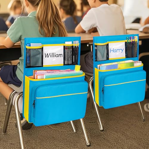 15” x 20” Chair Pocket for Classroom, 1 Piece Seat Sack, Chairback Buddy Organizer Pocket for School, Kindergarten with Name Tag, Mesh Pockets, Binder Pages Storage (Blue) - Image 7