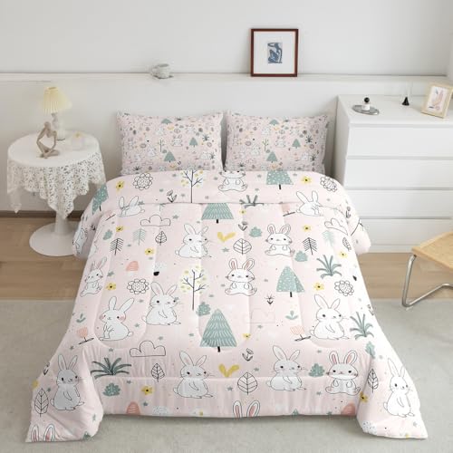 Image of Feelyou Cute Rabbit Comforter, Cartoon Bunny Comforter Set Toddler Size Kawaii Animal Comforter Set Toddler Size for Kids Boys Girls Botanical Plant Duvet Set Microfiber Quilt Set