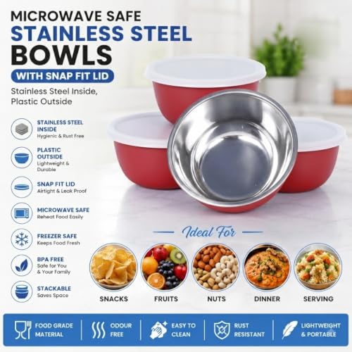 Image of Zaib Stainless Steel Microwave Safe Serving Bowl 500 ml, 14 cm with Snap Fit Lid, Snack, Soup & Dessert, Red, 14 cm - 4 Pcs - with Lid