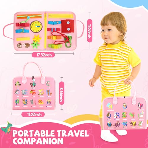 Image of Toddler Busy Board, Montessori Sensory Toys for Boys, 3-8 Year Old Girl Toddler Travel Toys, Educational Learning Activities Board for Motor Skills, Birthday Gifts for Airplane Car, Pink