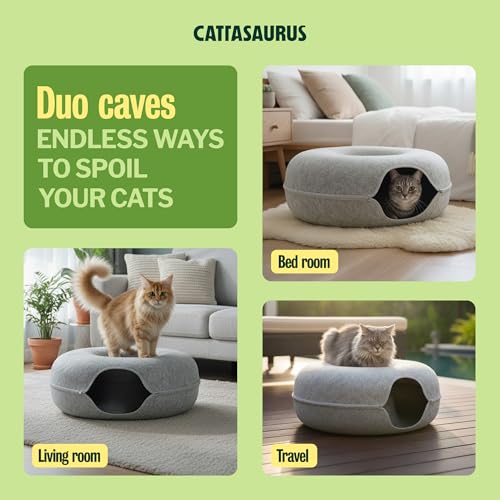 Image of Cattasaurus Peekaboo Cat Cave Duo Jumbo Set, Extra Spacious Cat Donut for Multiple & Large Kitty 15+ lbs, Scratch Detachable Cat Beds for Indoor Cats, Washable Cat Tunnel Bed, Best Kitten Toys
