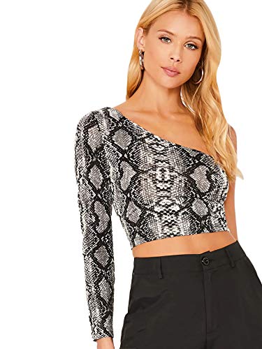 Floerns Women s One Shoulder Long Sleeve Animal Print Casual Crop Tops Grey M