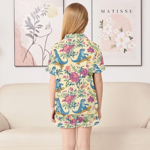 ALAZA Crocodile Floral Blossom Satin Pajamas Set Short Sleeve Button Down Sleepwear Summer Pjs 2 Piece4