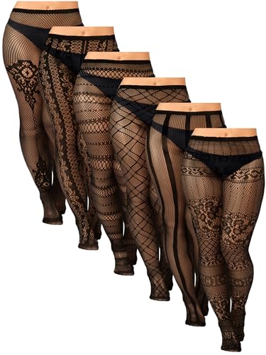 Image of Jadive 6 Pairs Women Plus Size Suspender Tights Fishnet Thigh High Stockings Garter Belt Lingerie Pantyhose