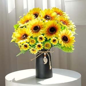Artificial sunflower arrangement in black vase 3 bunches of lifelike sunflowers with rustic black vase for home decor office and special occasions  urban country home decor