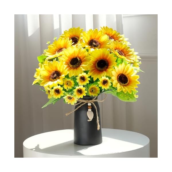 Artificial sunflower arrangement in black vase 3 bunches of lifelike sunflowers with rustic black vase for home decor office and special occasions  urban country home decor