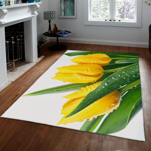 Tapis de salon 120x180cm tulipe jaune imprimée lavable et doux - 2