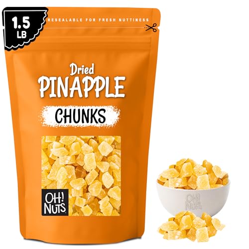 Oh! Nuts Dried Pineapple - 1.5 LB - Dried Fruit Chunks - Less Sugar Added - Dehydrated Fruit Bites - Packed in New York Zip-Seal Bag for Exceptional Freshness