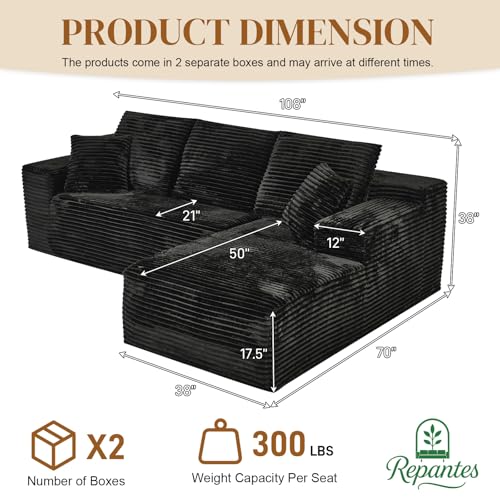 Image of 108 inch L Shaped Boneless Sectional Couches for Living Room, Comfy Corduroy Floor Cloud Sofa with Chaise, Wide Armrest, Deep Seat, Memory Foam, Assembly Free, Ideal for Small Spaces, Black