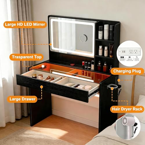 Image of Vanity Desk with Mirror and Lights, Makeup Vanity Table with Glass Top, RGB Light Strip, Adjustable Brightness, 2 Storage Drawers, Black Beauty Station for Women and Teen Girls