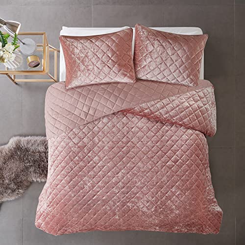 Intelligent Design Luxe Quilt Lush Face Diamond Pattern With Microfiber Reverse All Season, Lightweight Coverlet, Cozy Bedding, Matching Shams, Full/Queen(90"X90"), Felicia Velvet Blush 3 Piece #TOP2