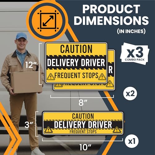 Image of Magnet Me Up Caution Frequent Stops Delivery Driver Automotive Magnet Decal, 3 Pack, Yellow /Black, Two 8x12 inch and One 3x10 inch, Automotive Magnet for Car, Flex Delivery Driver, Crafted in USA