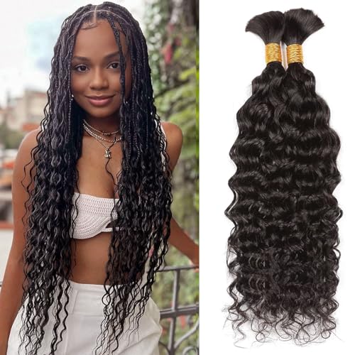 Huarisi Human Braiding Hair 100g 26 Inch Water Wave Bulk Human Hair for Boho Bohemian Knotless Braids Wet n Wavy Virgin Hair Extensions (2x50G/Bundle,Natural Color)