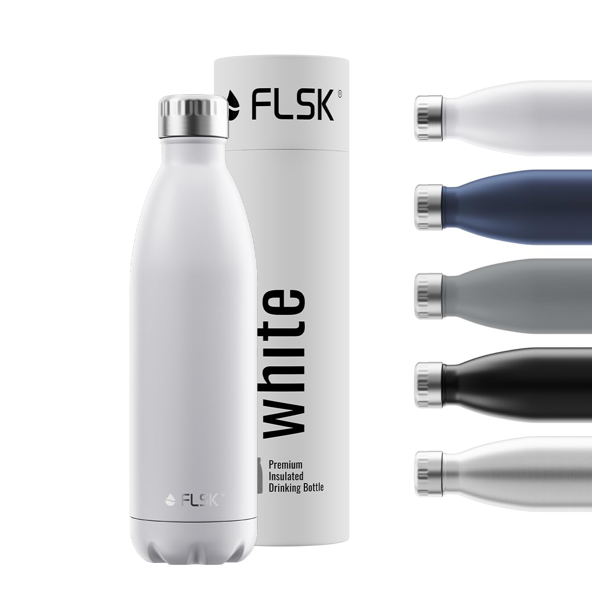FLSK Trinkflasche – Premium Edelstahl Thermosflasche – 100 % auslaufsicher & kohlensäuregeeignet – hält 24 h kalt & 18 h heiß – BPA-frei (white, 750 ml)