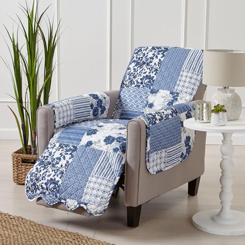 Image of Great Bay Home Reversible Patchwork Recliner Cover - Washable Slipcover Furniture Protector with Elastic Straps - Perfect for Kids & Pets - Box-Stitched Detail (Navy)