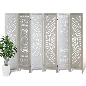 6 Panel Room Divider, Wood Carved Room Divider and Privacy Screen, Folding Room Partition Screen for Room Separation Home Bedroom Office Restaurant Portable Freestanding (Retro White)