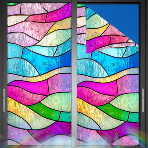 Image of Nuxovilar Sparkle Stained Glass Colorful Wave Window Film 17.7x39.4 PVC