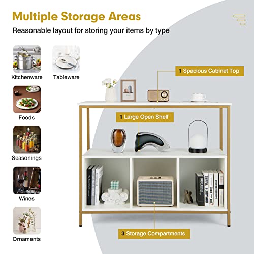 Giantex Buffet Sideboard, Wooden Cupboard, Kitchen Pantry W/Spacious Countertop, Large Open Shelf, 3 Cube Storage Cabinet, Sturdy Rustproof Steel Frame, Modern Stationary Island, White & Golden #TOP4