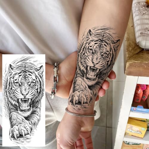 Image of Bilizar 12 Sheets Large Elephant Buddha Temporary Tattoos For Men Women Adults Half Arm Sleeve Tattoo Sticker, Realistic 3D Lion Tiger Skull Pirate Ship Fake Tattoos Forearm Long Lasting Temp Tatoos